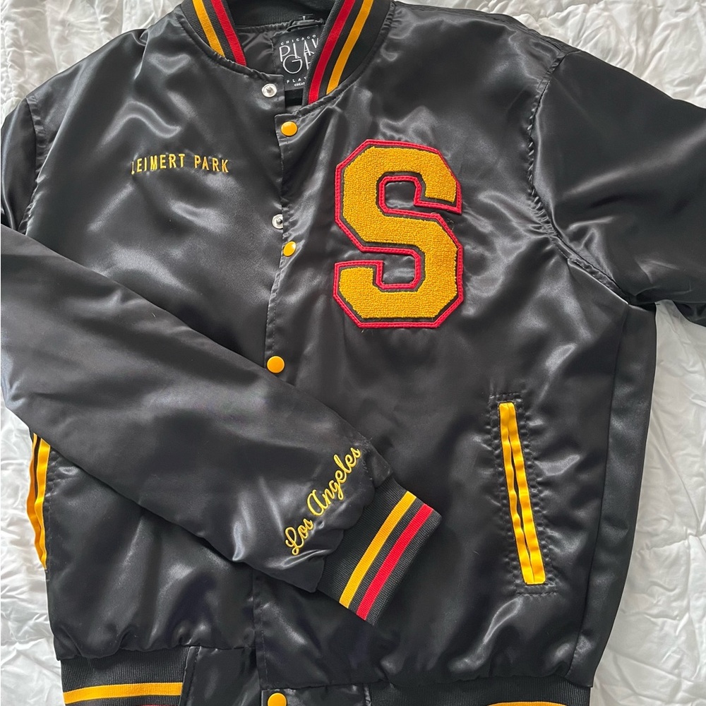 Chicago Playground Satin Bomber Jacket in Black with Red and Yellow Accents